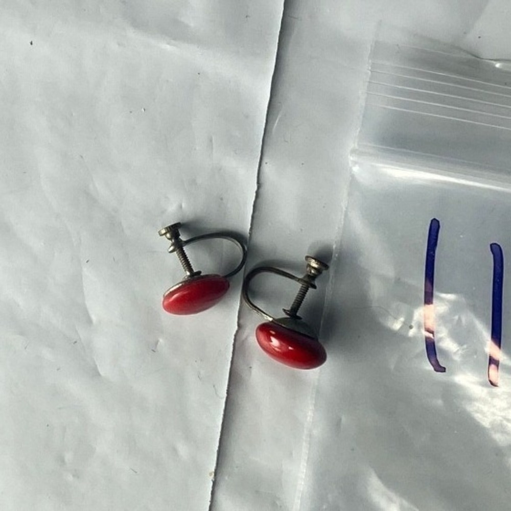 Small Red Round Stud Earrings For Women Silver Tone Screw Back